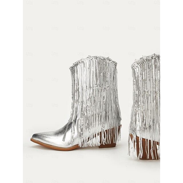 bottines argentées métallisées pour femme avec détails à franges, parfaites pour une tenue de