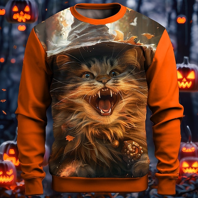  Kat Pompoen Voor heren Modieus 3D-afdrukken Sweatshirt Feest Vakantie Club Halloween Hoodies Zwart Oranje Lange mouw Strakke ronde hals 3D-afdrukken Herfst Winter Ontwerper Sweatshirt met capuchon