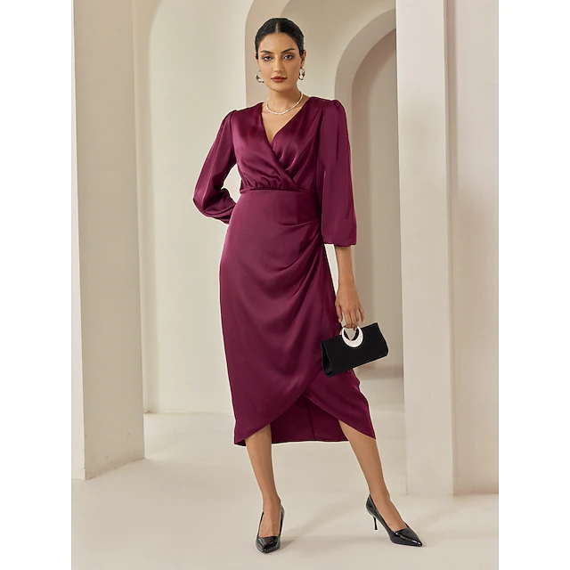 Women's Satin Dress Elegant Dress Burgundy 3/4 Length Sleeve Solid Color Ruched Wrap Spring & Fall Cross-Seasons Elegant Party / Evening Party S M L 14