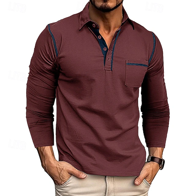 Men's Golf Shirt Golf Polo Work Casual Lapel Long Sleeve Basic Modern Color Block Patchwork Button Spring & Fall Regular Fit Wine Black Army Green Royal Blue Dark Gray Brown Golf Shirt 25