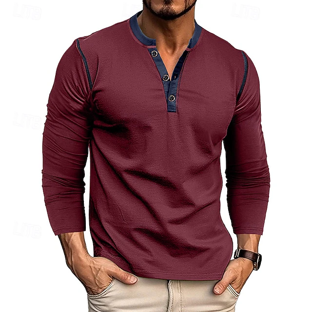 Men's Button T Shirt T Shirt Henley Shirt Tee Long Sleeve Henley Spring & Fall Color Block Fashion Designer Basic Patchwork Vacation Street Going out Wine Black White Top Tee for Men 28