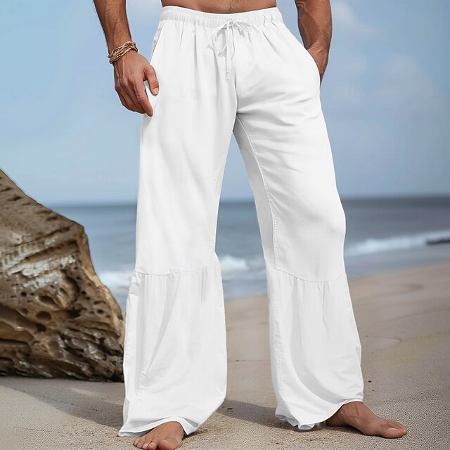 Men's Culottes Wide Leg Linen Pants Trousers Summer Pants Drawstring Patchwork Elastic Waist Plain Comfort Breathable Full Length Casual Daily Holiday Vacation Fashion Black White 7