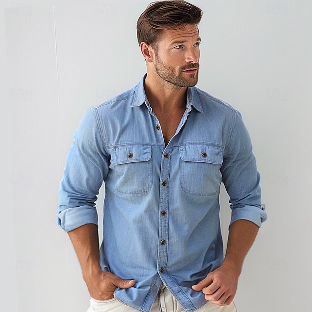  Men's 100% Cotton Shirt Button Up Shirt Casual Shirt Button Down Shirt Blue Long Sleeve Solid Color Turndown Shirt Collar Outdoor Work Pocket Clothing Apparel Neutral Daily Sports & Outdoors