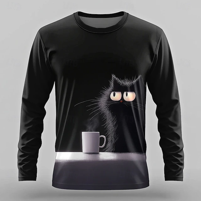 Halloween Men's Cat Funny T Shirt Long Sleeve T shirt 3D Print Crew Neck Shirt Designer Retro Vintage Street Casual Daily Black 1 Black 3 Black 2 Summer Spring Fall Clothing Apparel S M L XL XXL XXXL 6