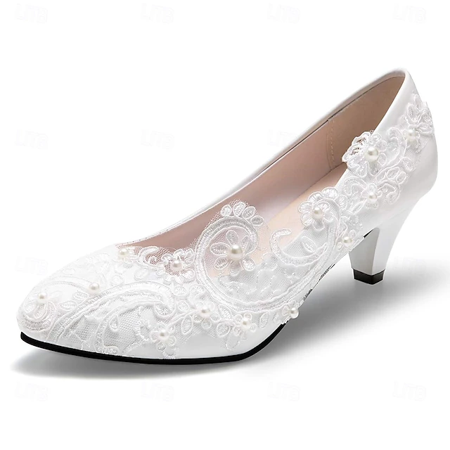 Women's Wedding Shoes White Shoes Dress Shoes Wedding Party Floral Wedding Heels Bridal Shoes Bridesmaid Shoes Imitation Pearl Lace Flower Low Heel Round Toe Cute Business Sexy PU Loafer White 6