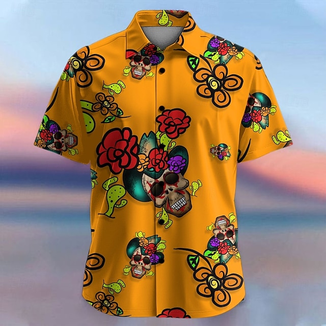  Men's Floral Skull Tropical Flowers Summer Hawaiian Shirt Button Up Shirt Aloha Shirt Short Sleeve Shirt Collared Shirts Hawaiian Casual Vacation Party Evening Wear Daily Purple Fuchsia Orange S M L
