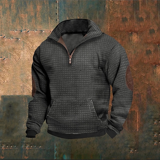 Men's Sweatshirt Waffle Sweatshirt Quarter Zip Sweatshirt Black Navy Blue Khaki Light Grey Gray Half Zip Color Block Patchwork Ribbed Front Pocket Sports & Outdoor Daily Holiday Polyester Streetwear 9