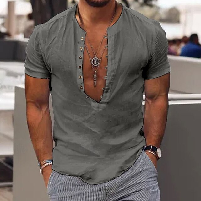  Homens Camisa Social Camisa de colarinho de banda Camisa Popover camisa de verão Roupa de Praia Camisa casual Preto Branco Vinho Café Cinzento Manga Curta Tecido Colarinho Férias Rua Roupa Algodão
