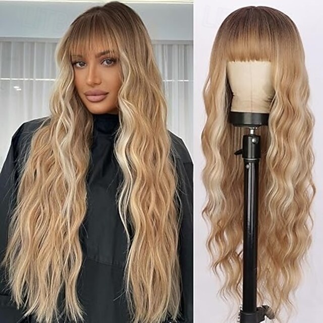  perucas longas com franja perucas para mulheres peruca sintética cacheada ondulada perucas resistentes ao calor para uso diário em festas