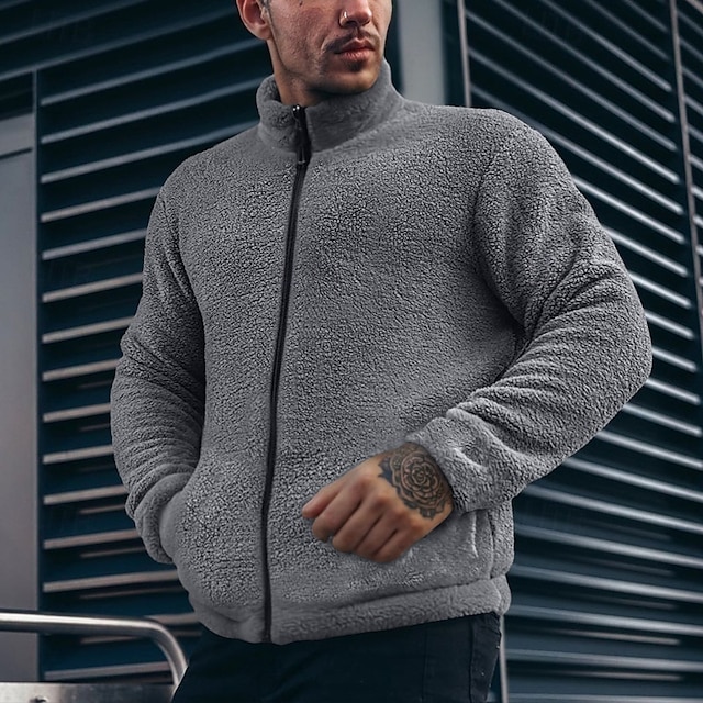  Herre Fleece jakke Vindtæt jakke Teddyfrakke Formel Hjem Hold Varm Lomme Fuld lynlås Vinter Forår & Vinter Helfarve Årgang Mode Høj krave Normal Sort Brun Kakifarvet Mørkeblå Påfugl Blå Jakker
