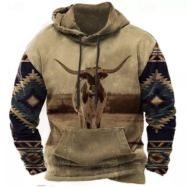 Men's Cow Graphic Prints Hoodie Hoodies Sweatshirt Streetwear Designer Long Sleeve Hooded Daily Sports Brown Print Spring &  Fall Designer4