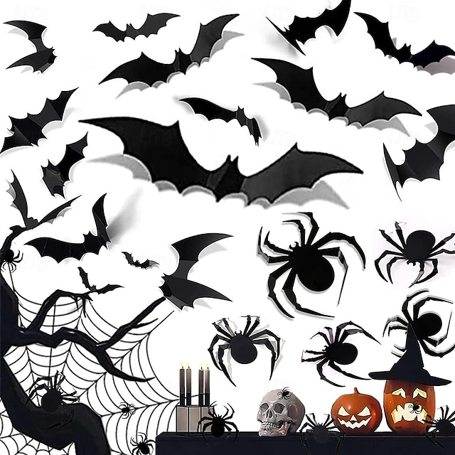  Sada 68 ks velkých 3D samolepek na zeď s pavoukem a netopýrem - černé samolepky na halloweenskou výzdobu
