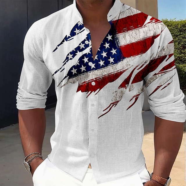  Dia da Independência Americana Homens Bandeira americana Patriótico camisa de botão Manga Longa Casual Férias Diário Verão Primavera & Outono Faixa colarinho do vovô Impressão 3D Preto Vermelho Azul