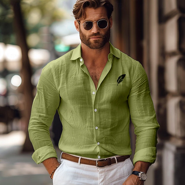 Men's Linen Shirt Leaf Outdoor Vacation White Pink Green Gray Long Sleeve Collar Spring & Fall Clothing Apparel Button Up 9