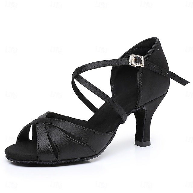  chaussures de danse de salon en satin noir pour femmes avec bride croisée et boucle en strass, talons confortables pour la danse latine et la salsa