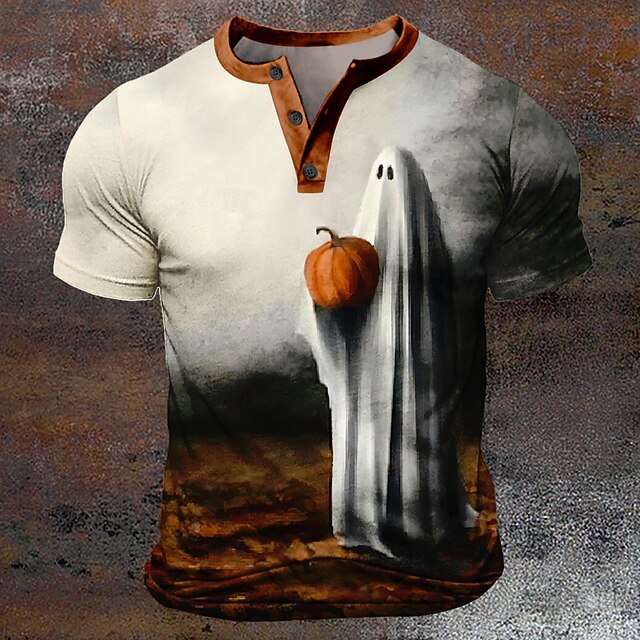 Halloween Men's Pumpkin Reaper Boo T Shirt Henley Shirt Short Sleeve T shirt 3D Print Henley Shirt Designer Retro Vintage Street Casual Daily Khaki Summer Spring Clothing Apparel S M L XL XXL XXXL4