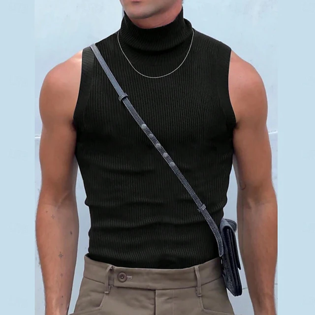 Men's T Shirt Tank Top Turtleneck shirt Muscle Shirt Sleeveless Turtleneck Summer Solid Color Pit Strip Fashion Designer Muscle Ribbed Outdoor Dailywear Black White Top Tee for Men 10