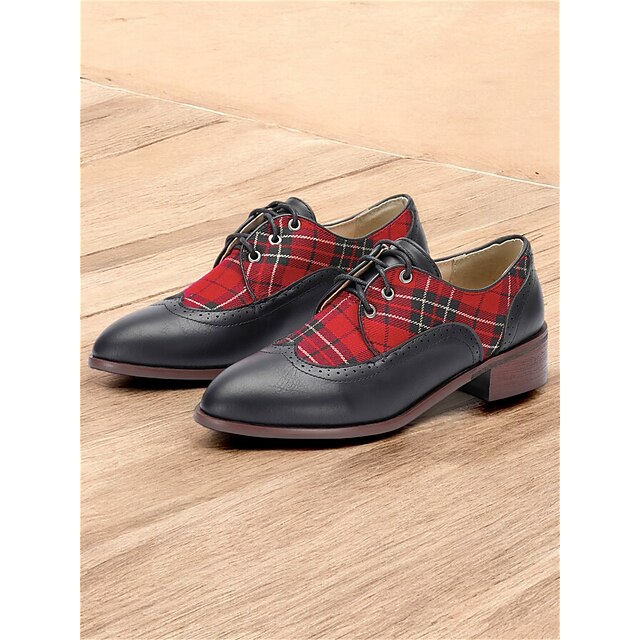 Women's Black Leather Oxford Shoes with Red Tartan Plaid Panels - Vintage Style for Formal and Casual Wear 9