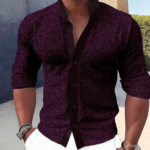  Homens Camisa Social Saia camisa de botão Formal Feriado Azul Marron Verde Vermelho Rosa Manga Longa colarinho do vovô Verão Primavera & Outono Roupa Botões