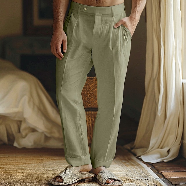  Bărbați Pantaloni de in Pantaloni Pantaloni de vară Buzunar frontal Picior drept Simplu Confort Respirabil Casual Zilnic Concediu Modă De Bază Negru Alb