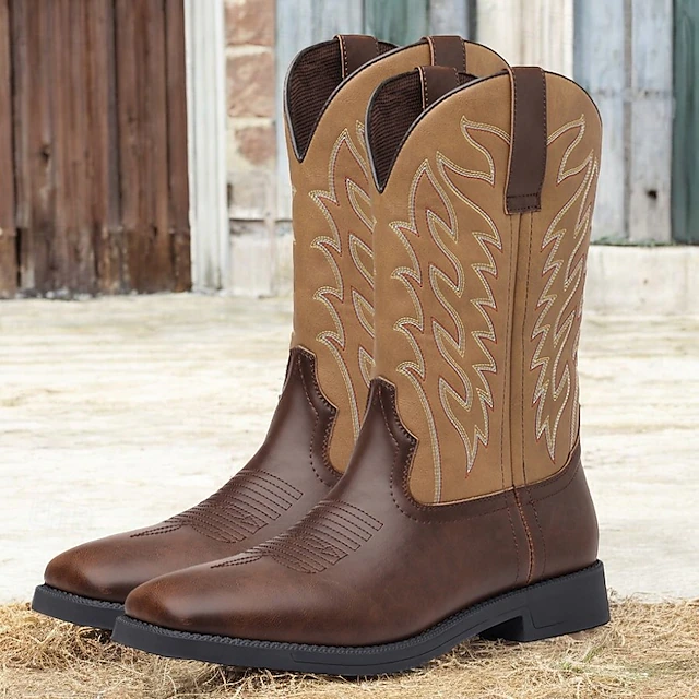 Men's Brown Western Cowboy Boots - Faux Leather with Embroidered Details for Classic Outdoor Style 15