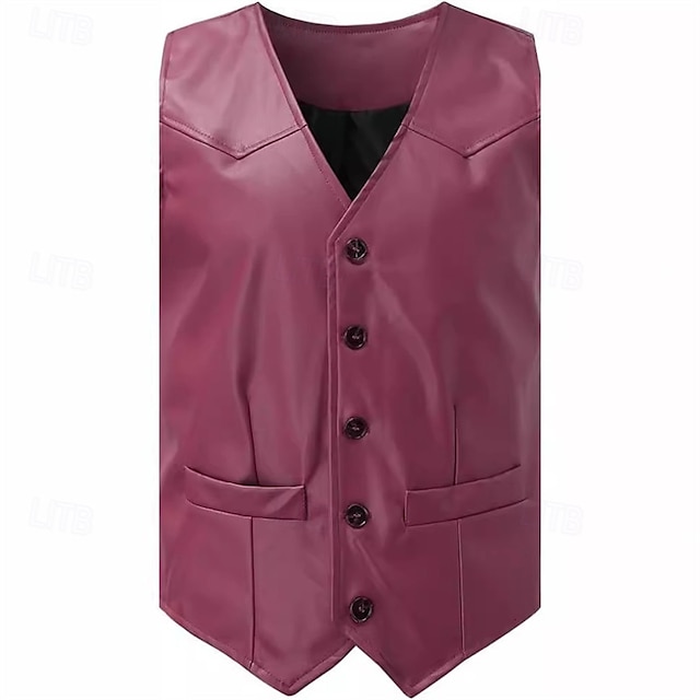  Men's Vest Gilet Leather Vest Daily Date Vacation Fashion Casual Spring &  Fall Button Pocket Polyester Comfortable Plain Single Breasted One-button V Neck Regular Fit Black Burgundy Camel Vest