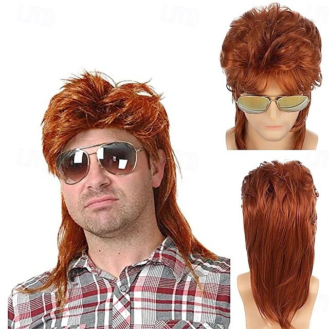  Mullet Wigs for Men, 80S Long Hair Curly Wig 70S Curly Disco Punk Rock Ginger Wig for Carnival Cosplay Party