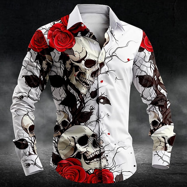  Men's Rose Skull Button Up Shirt Long Sleeve Casual Dark Party Evening Wear Daily Fall Winter Spring & Summer Shirt Collar Button Up 3D Print Black White Blue Purple Green