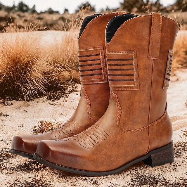 Men's Brown Faux Leather Western Cowboy Boots - Vintage Style with Unique Stitching and Striped Details for Outdoor Wear 9