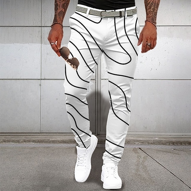 Men's Dress Pants Pocket 3D Print Buttons Geometric Full Length Formal Business Casual White Inelastic4