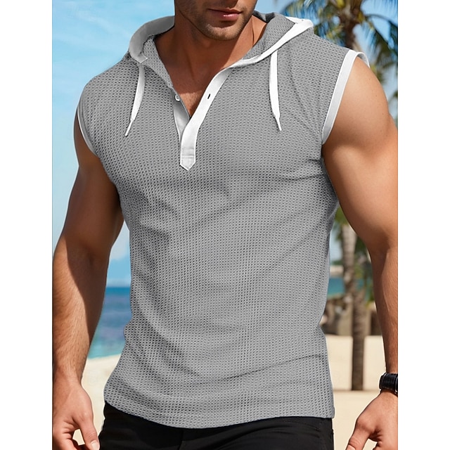  Homens Camisa Waffle Malha Íntima Camiseta Interior camisa sem manga Sem Manga Com Capuz Verão Tecido Moda Designer Músculo Ao ar livre Para Noite Ginásio Preto Branco Vermelho Top Tee para Homens