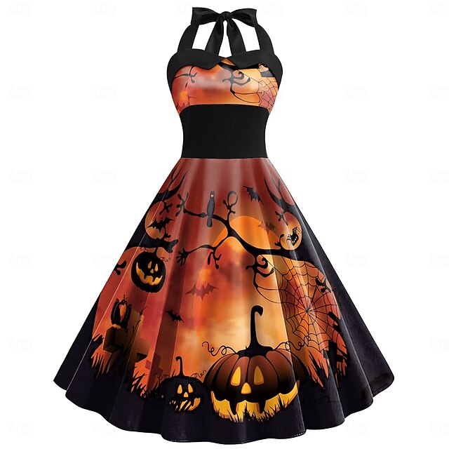 Kitimi Halloween Robes Femmes Costume D'Halloween Cosplay Robes De Cocktail Jupe Citrouille Manches Courtes Adultes Fête Costume De Carnaval Noir Tête De Chauve-Souris Citrouille Maison Motif/L