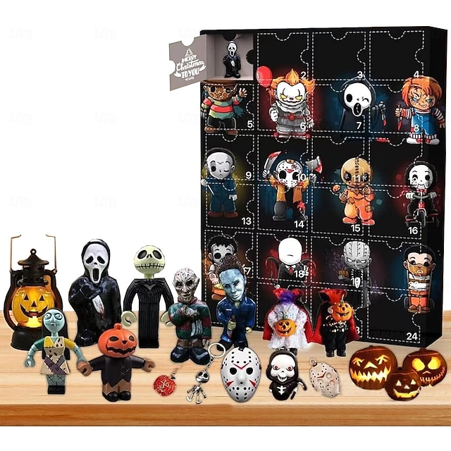  Calendrier de l'Avent 2025 sur le thème des films d'horreur d'Halloween, avec 24 cadeaux de Noël, un calendrier de compte à rebours avec figurines d'horreur de Noël et des jouets surprises, des figurines de collection pour enfants
