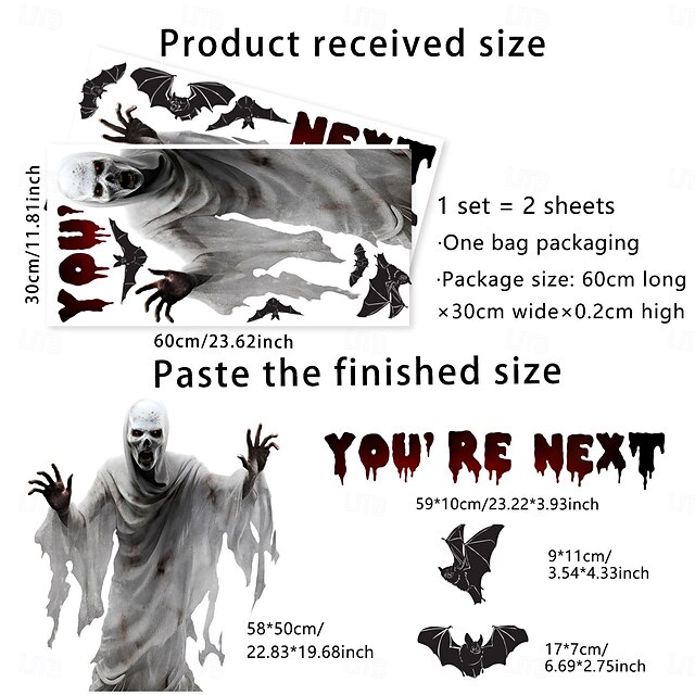  decalques de parede de morcego fantasma branco de esqueleto assustador com texto em inglês decorações de terror autoadesivas