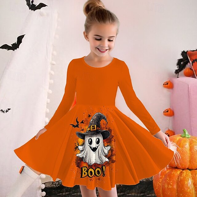 Halloween Girls' 3D Graphic Ghost Dress Long Sleeve Summer Spring Daily Holiday Vacation Princess Beautiful Sweet Kids 4-12 Years Casual Dress A Line Dress Knee-length Polyester Regular Fit3
