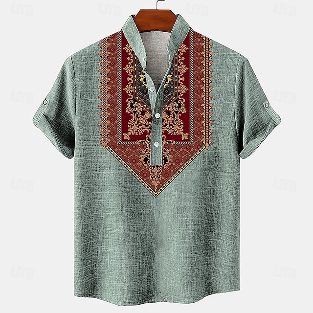  Męskie lniana koszula Koszula Henley koszule w stylu retro Koszula w stylu vintage Koszula etniczna Etnické Urlop Na co dzień Zielony Khaki Szary Krótki rękaw Kołnierzyk chiński Lato Wiosna Odzież