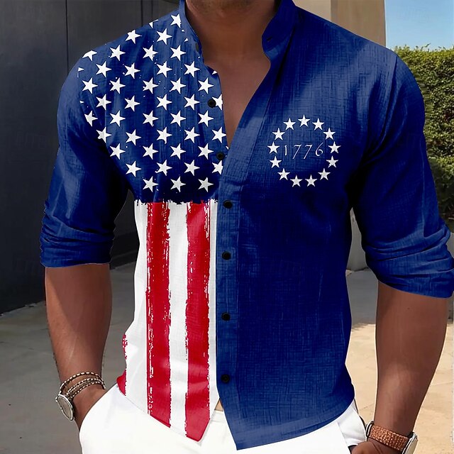 American Independence Day Men's Flag American Flag Patriotic Button Up Shirt Long Sleeve Casual Vacation Daily Summer Spring &  Fall Grandad Collar Band Collar 3D Print Blue4