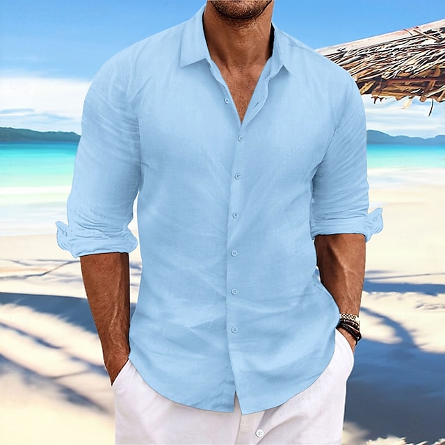  Hombre camisa de lino Camisa de verano Ropa de playa Camisa casual Abotonar la camisa Plano Casual Diario Amarillo Claro Blanco Rosa Azul Marino Oscuro Manga Larga Primavera verano Ropa