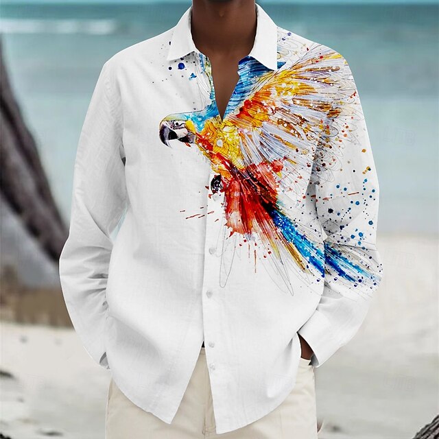 Men's Parrot Beach Shirt Summer Hawaiian Shirt Button Up Shirt Long Sleeve Shirt Collared Shirts Hawaiian Vacation Daily White S M L4