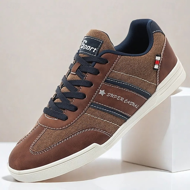  Men's Brown Canvas and Leather Sneakers with Lace-Up Design - Stylish and Comfortable for Casual and Sporty Wear