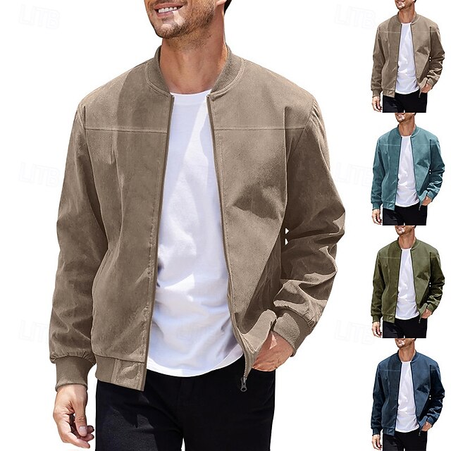 Men's Lightweight Jacket Bomber Jacket Faux Suede Jacket Bomber Leather Jacket Daily Vacation Pocket Fall & Winter Plain Fashion Classic Stand Collar Regular Navy Blue Brown Army Green Light Blue 21
