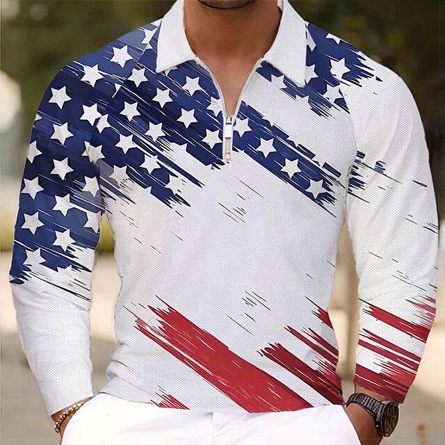 Men's American Flag Veterans Polo Shirts Golf Polos Shirts Long Sleeve Polo Shirts Collar Vacation Party Evening Wear Dailywear Zipper 3D Print Spring Fall & Winter Blue4