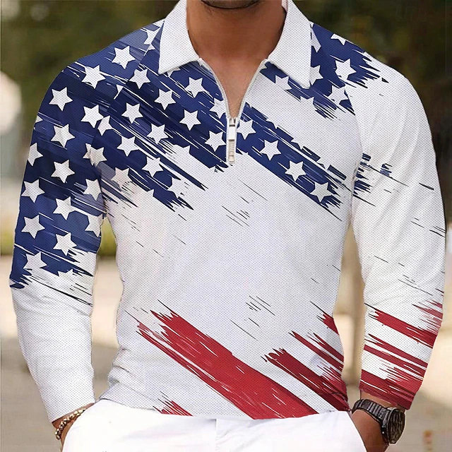 Men's American Flag Veterans Polo Shirts Golf Polos Shirts Long Sleeve Polo Shirts Collar Vacation Party Evening Wear Dailywear Zipper 3D Print Spring Fall & Winter Blue4