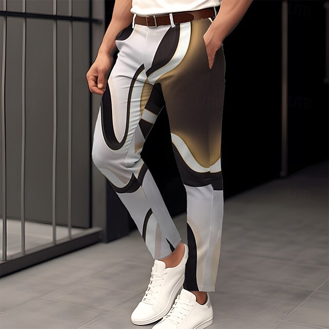 Men's Dress Pants Pocket 3D Print Buttons Geometric Full Length Formal Business Casual Brown Inelastic4