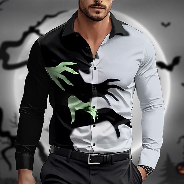 Halloween Men's Witch Halloween Costumes Dress Shirt Button Up Shirt Long Sleeve Horror Halloween Party Evening Wear Fall Winter Spring & Summer Shirt Collar Button Up 3D Print White+Black4