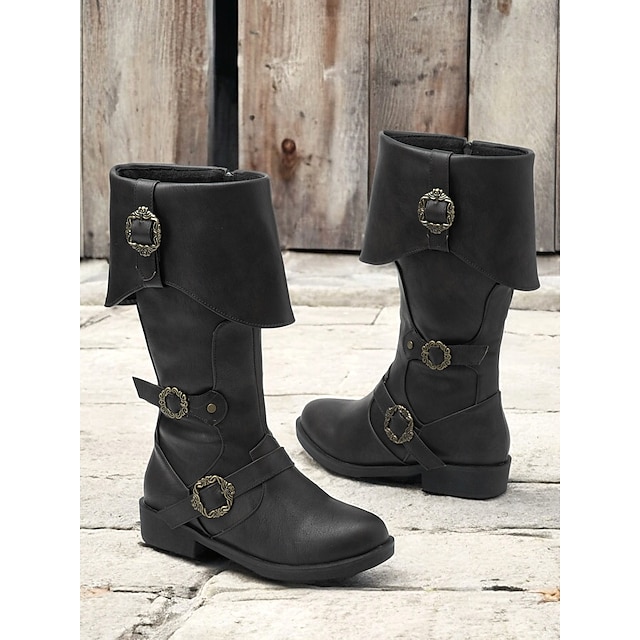  Women's Vintage Mid-Calf Witch Boots with Decorative Buckles and Folded Cuff - Vintage Pirate Style Cosplay Costume Shoes