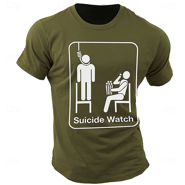 Men's Suicide Watch Graphic T-Shirt - Dark Humor Ironic Puns Wordplay Short Sleeve 6