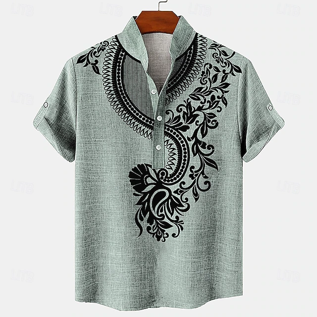 Men's Linen Shirt Henley Shirt Retro Shirts Vintage Shirt Ethnic Shirt Ethnic Vacation Dailywear Green Khaki Short Sleeve Mandarin Collar Summer Spring Clothing Apparel Buttons 5