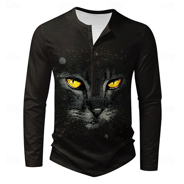 Halloween Men's Cat Long Sleeve Shirt Long Sleeve T shirt Print Henley Shirt Hawaiian Party Festival Black Spring &  Fall Clothing Apparel Normal S M L XL XXL XXXL4