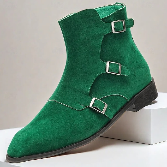  Men's Green Suede Buckle Ankle Boots - Stylish Vintage Design for Casual and Formal Wear